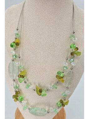 Double Strand Floating Glass Bead Necklace Green Crystal Silver Tone Statement